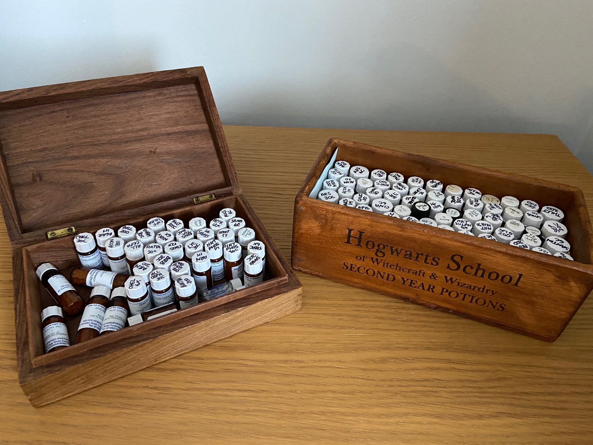Homeopathic remedies in a wooden box